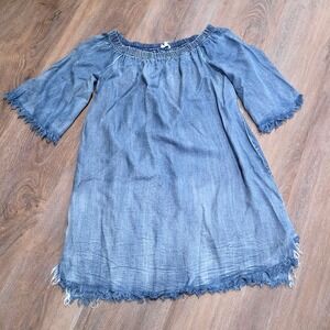 Easel Los Angeles Blue Tencel Off Shoulder Frayed Hem Tunic Top ED3258 Small